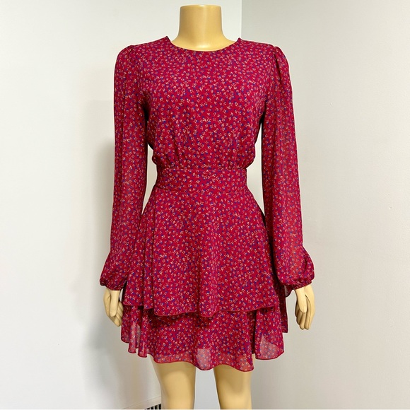 Forever 21 Pink Burgundy Red Floral Long Sleeve Dress Medium - Picture 1 of 9
